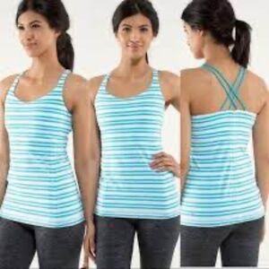 Lululemon 4 Free To Be Tank Top Twin Stripe Spry Blue Cross Back Strappy Workout